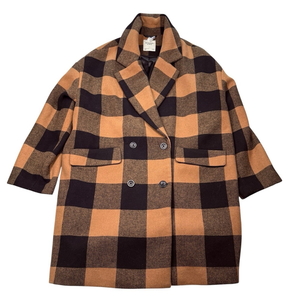 Abercrombie & Fitch Plaid Coat Peacoat Large Black Tan Brown Oversized Women's